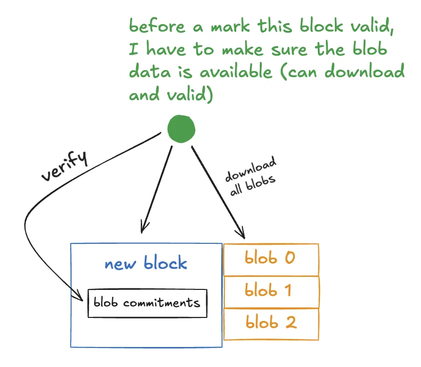 A node verifies blob availability before accepting the block.